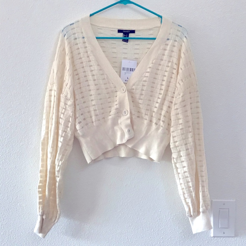 F21 Cropped Oversized Sheer White Cardigan NWT